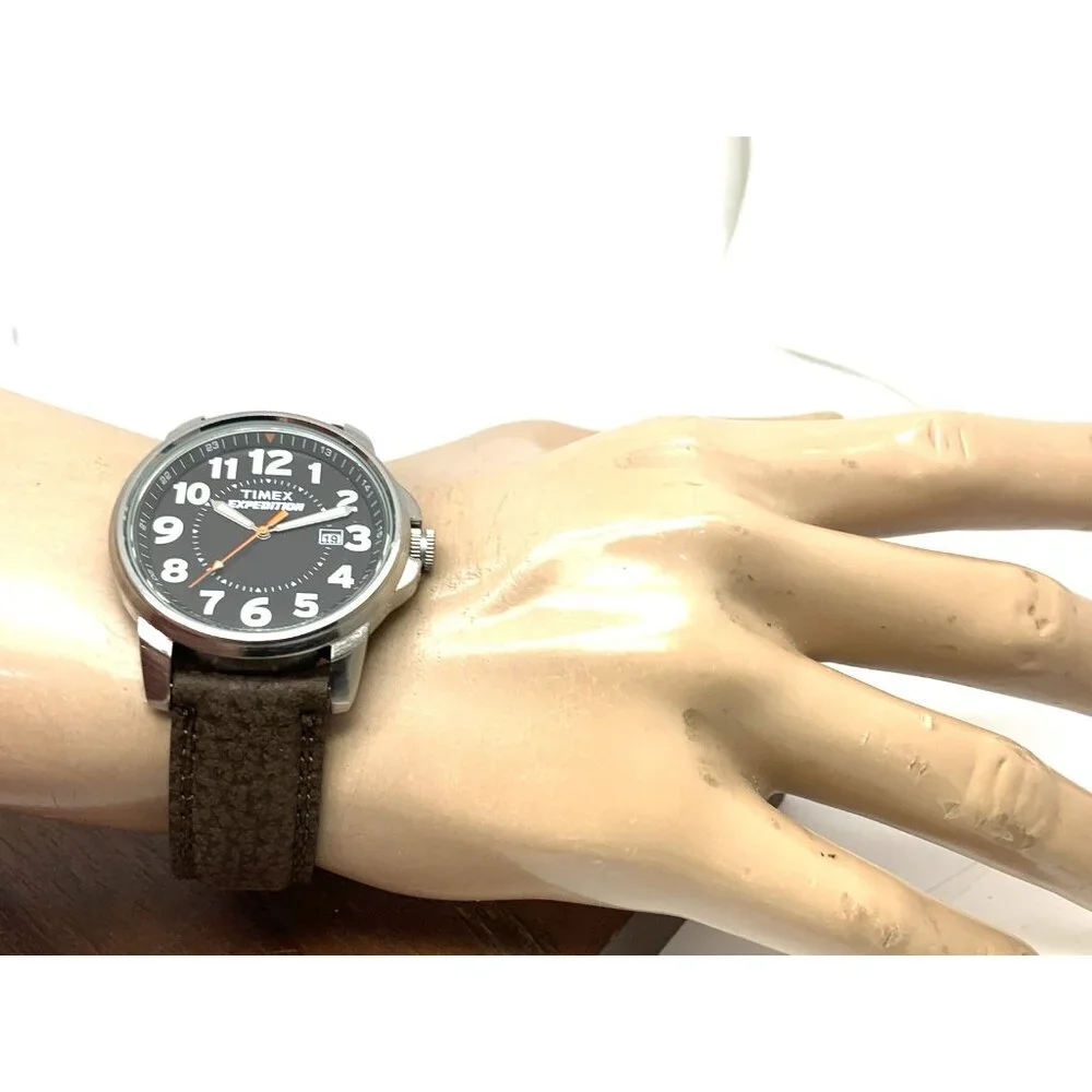 Timex Men's Watch T44921 Expedition Quartz Indiglo Black Dial Brown Leather 40mm